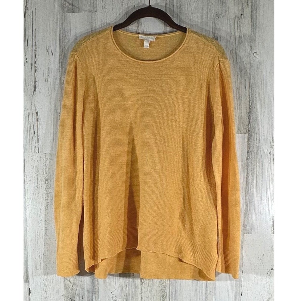 Eileen Fisher Sweater Medium Yellow Organic Linen Long Sleeve High-Low Knit READ
